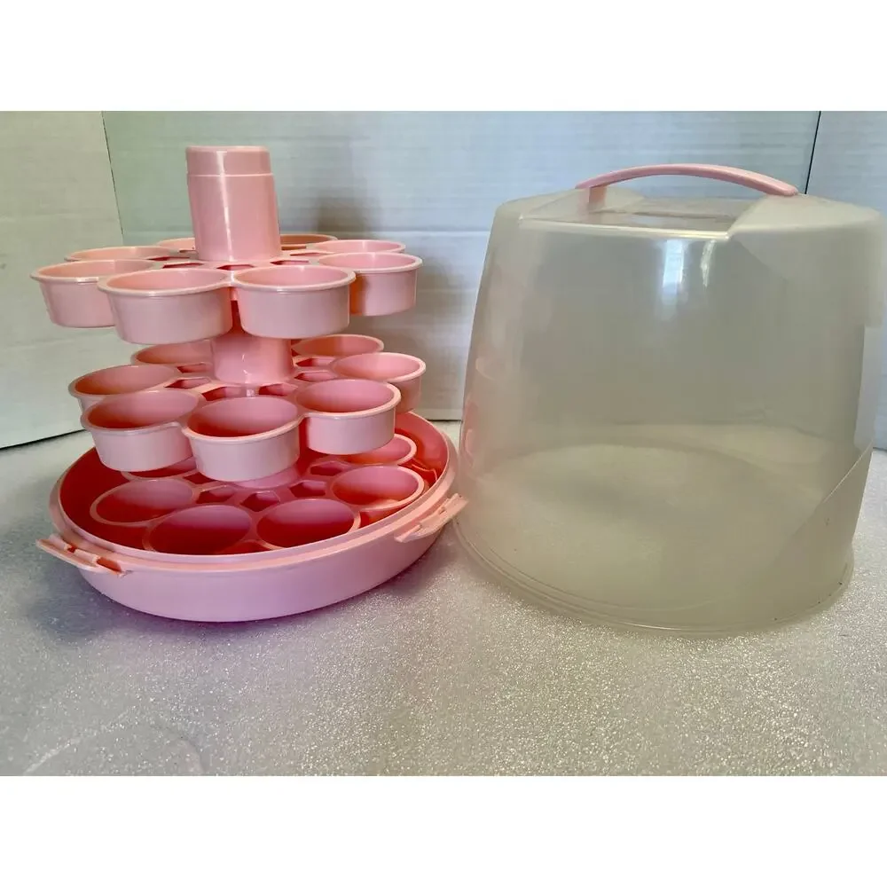 Pink Cup Cake Carrier.  Holds 12 Cup Cakes.  Can be disassembled.  Plastic